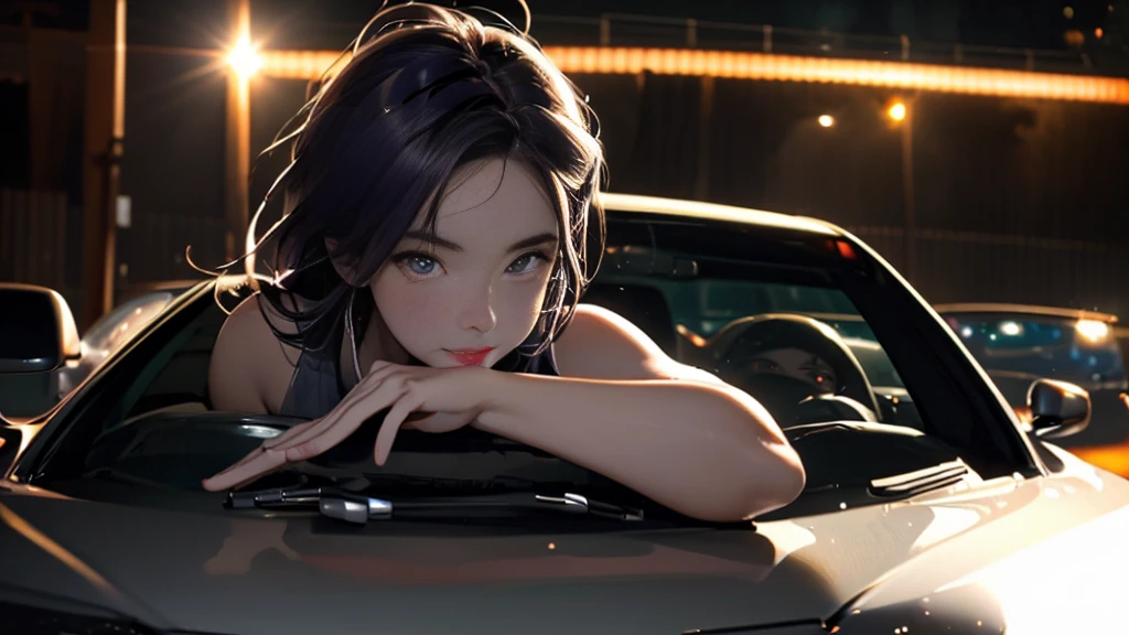 {{carの前で座る女}}、nightの埠頭, {{{nightのネオン}}}, super detailed skin, masterpiece:1.4,  8K resolution, ultra HD, symmetric eyes, Brown Hair、car、Beautiful Asian girl with purple hair,  Perfect Face, sunglasses, Sleeveless, Neon Black, (Backlight: 1.1), Hard Shadows, masterpiece, Highest quality, Complex, Model shooting style, Vintage, Film Grain,  {{night}},　超精巧なcar,　(better hands):1.7,