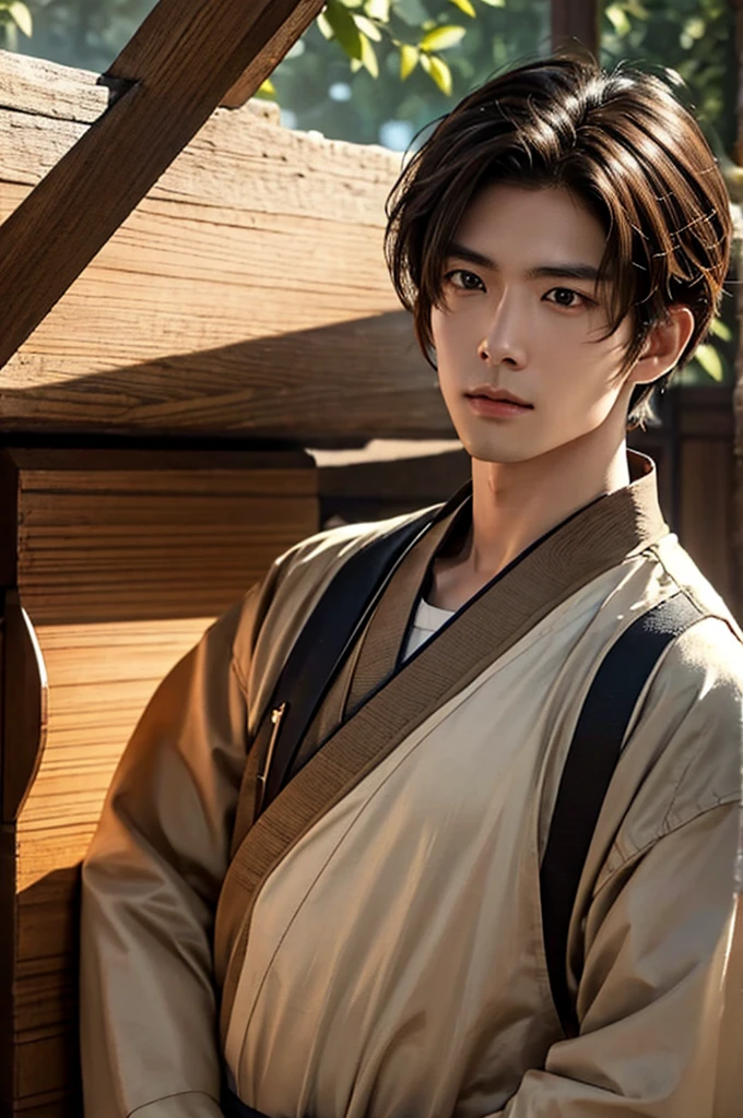 1 man, zhongli from genshin, brown hair, masculine face, light brown streaks