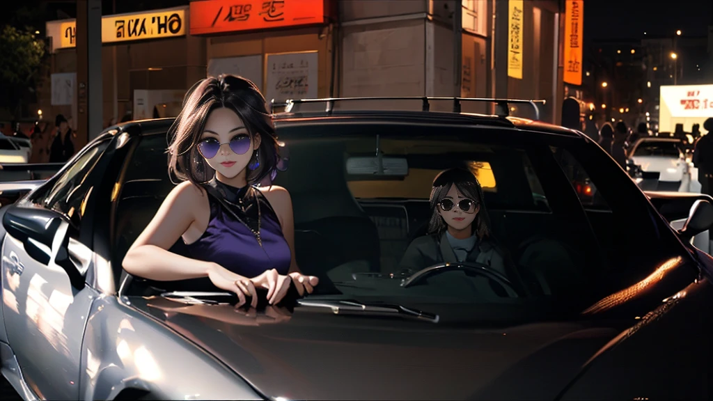 {{carの前で座る女}}、nightの埠頭, {{{nightのネオン}}}, super detailed skin, masterpiece:1.4,  8K resolution, ultra HD, symmetric eyes, Brown Hair、car、Beautiful Asian girl with purple hair,  Perfect Face, sunglasses, Sleeveless, Neon Black, (Backlight: 1.1), Hard Shadows, masterpiece, Highest quality, Complex, Model shooting style, Vintage, Film Grain,  {{night}},　超精巧なcar,　(better hands):1.7,