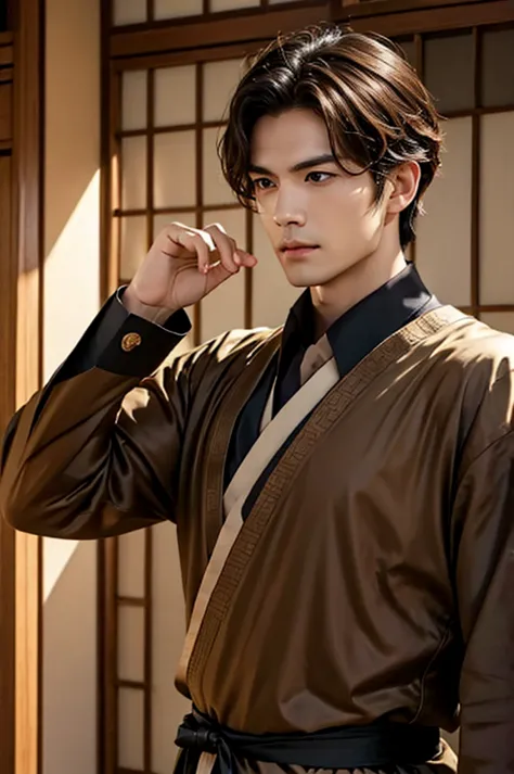 1 man, zhongli from genshin, brown hair, masculine face, light brown streaks, henry cavil, zhongli dress