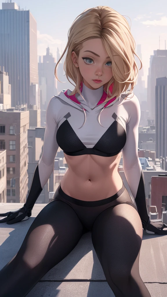 (high quality, ​masterpiece, detailed), city detailed scenario, city detailed background, alone, gwen, blond hair, multi-colored hair, shorth hair, in black net underwear, Hood down, gloves, navel, sitting on the roof of a building, perfect face, beautiful eyes, Look at the Beholder, sexy Pose