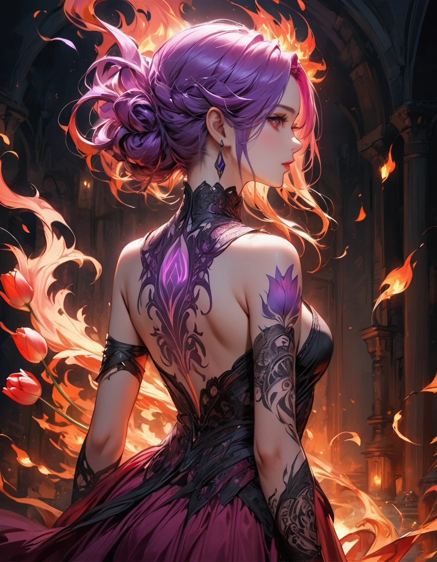 Arafed, Dark fantasy art, fantasy art, goth art, a picture of a tattoo of a tulip on the back of a female elf, a glowing tattoo of a ((tulip: 1.3)) on the elf's back, the ((tulip tattoo: 1.3)) is vivid, intricate detailed,  GlowingRunesAI_purple, ((fire surrounds the tulip: 1.5)), shot taken from the back, ((the back is visible: 1.3), she wears a transparent red dress, the dress is elegant, flowing, elven style, that the tattoos glow, dynamic hair color, dynamic hair style,  vibrant, Ultra-high resolution, High Contrast, (masterpiece:1.5),  highest quality, Best aesthetics, best details, best quality, highres, 16k, (ultra detailed: 1.5), masterpiece, best quality, (extremely detailed) RAW, (ultra details, Masterpiece, best quality) faize, Digital Painting, *channel_42*