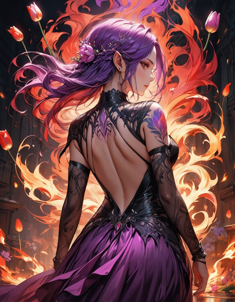 Arafed, Dark fantasy art, fantasy art, goth art, a picture of a tattoo of a tulip on the back of a female elf, a glowing tattoo of a ((tulip: 1.3)) on the elf's back, the ((tulip tattoo: 1.3)) is vivid, intricate detailed,  GlowingRunesAI_purple, ((fire surrounds the tulip: 1.5)), shot taken from the back, ((the back is visible: 1.3), she wears a transparent red dress, the dress is elegant, flowing, elven style, that the tattoos glow, dynamic hair color, dynamic hair style,  vibrant, Ultra-high resolution, High Contrast, (masterpiece:1.5),  highest quality, Best aesthetics, best details, best quality, highres, 16k, (ultra detailed: 1.5), masterpiece, best quality, (extremely detailed) RAW, (ultra details, Masterpiece, best quality) faize, Digital Painting, *channel_42*