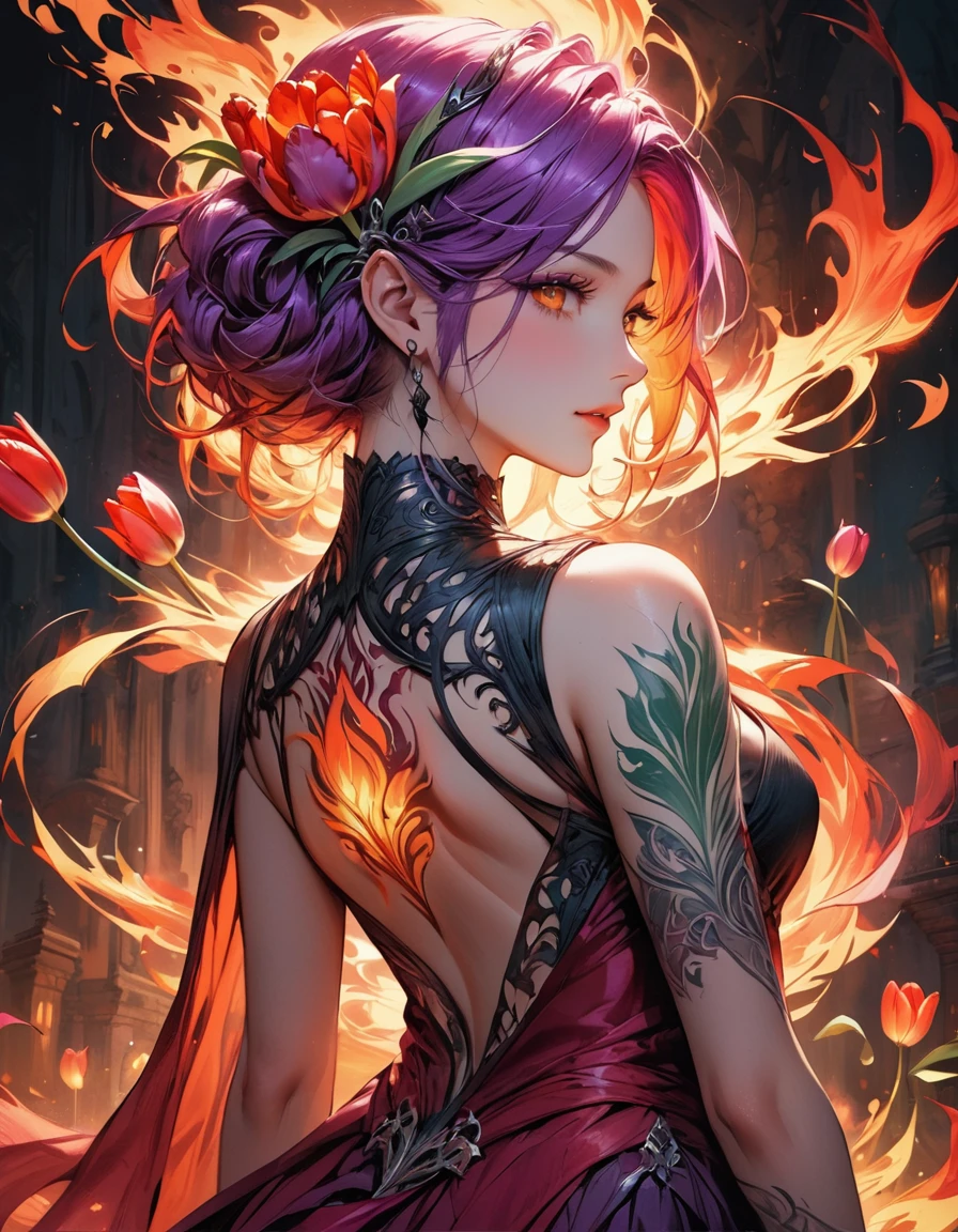 Arafed, Dark fantasy art, fantasy art, goth art, a picture of a tattoo of a tulip on the back of a female elf, a glowing tattoo of a ((tulip: 1.3)) on the elf's back, the ((tulip tattoo: 1.3)) is vivid, intricate detailed,  GlowingRunesAI_purple, ((fire surrounds the tulip: 1.5)), shot taken from the back, ((the back is visible: 1.3), she wears a transparent red dress, the dress is elegant, flowing, elven style, that the tattoos glow, dynamic hair color, dynamic hair style,  vibrant, Ultra-high resolution, High Contrast, (masterpiece:1.5),  highest quality, Best aesthetics, best details, best quality, highres, 16k, (ultra detailed: 1.5), masterpiece, best quality, (extremely detailed) RAW, (ultra details, Masterpiece, best quality) faize, Digital Painting, *channel_42*