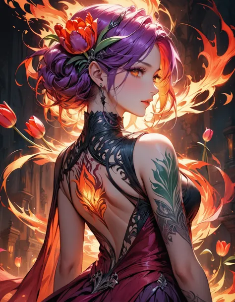 arafed, dark fantasy art, fantasy art, goth art, a picture of a tattoo of a tulip on the back of a female elf, a glowing tattoo ...