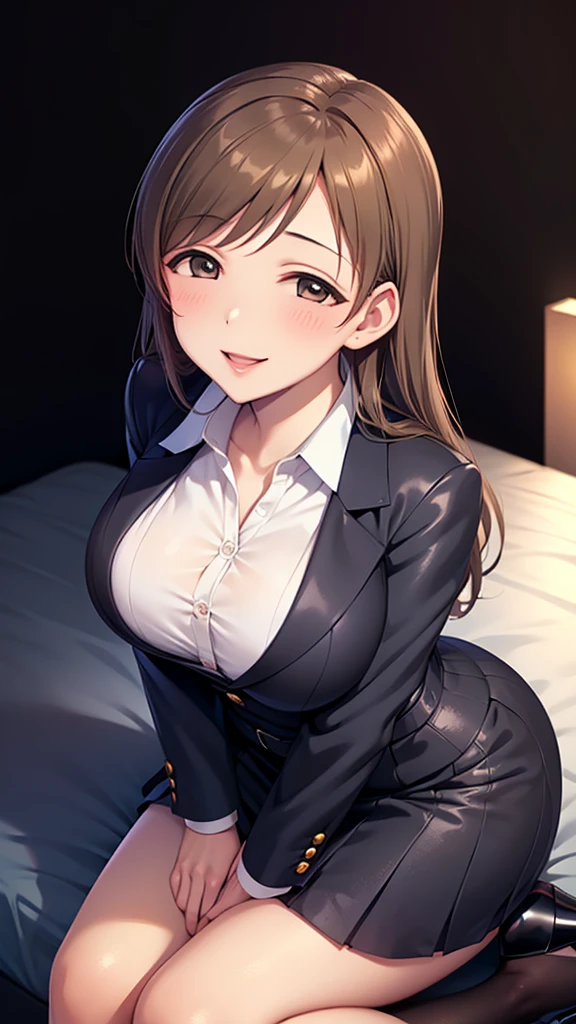 Erotic　Idol Master　Minami Nitta, tall, brown hair, big breasts, mature married woman　school uniform　blazer　Dress shirt　Bedroom with hearts on a black background Dark theme Evil depravity Temptation Excitement Condescending smile Sexy pose Emphasis on upper body Looking up　sit　High heels　Amitants