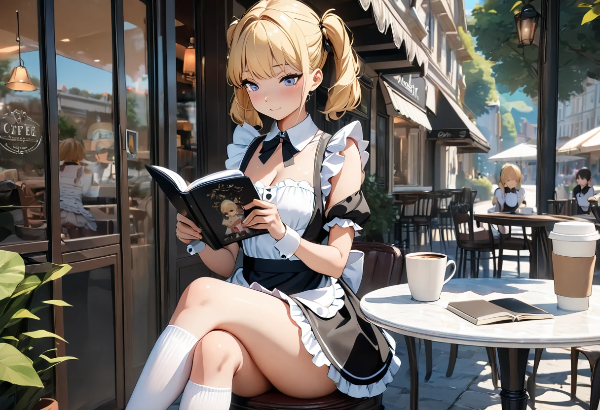 (((Best quality, 8k, Masterpiece: 1.3)), ((best quality)), ((masterpiece)), (detailed), perfect face, A maid girl with blonde hair, short twintails, A maid costume with frills, high resolution, Textured skin, anime style, Reading a Photo album on the open terrace of a cafe, a coffee cup is placed on a white round table, reading a Photo album, Legs crossed, Knee-high socks