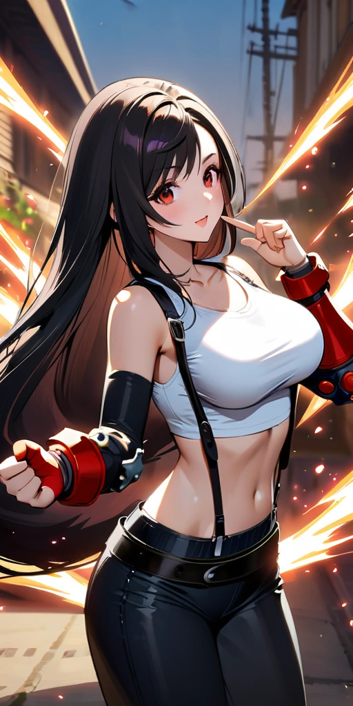 (((((tifa lockhart,Final Fantasy 7:1.5))))),((Highest quality、masterpiece、anime style、best quality、high resolution、8k、detailed、ultra-detailed:1.3))、Long legs:1.2, Beautiful woman with perfect figure:1.4、(Smiling:1.2), double eyelid、30-year-old female、((((One Woman,beautiful face,Beautiful face、Outdoor,upper body:1.5)))),Big Breasts、High resolution, accurate, Anatomically correct, High-resolution model, high quality, Very detailed, Ultra high definition、Black Hair、Straight Hair、Long Hair,Red open finger gloves,(Uplifting、action、contrapposto pose、dynamic、dynamicポーズ、dynamic motion:1.5)、(((speed lines、action lines:、movement,dynamism 1.5)))