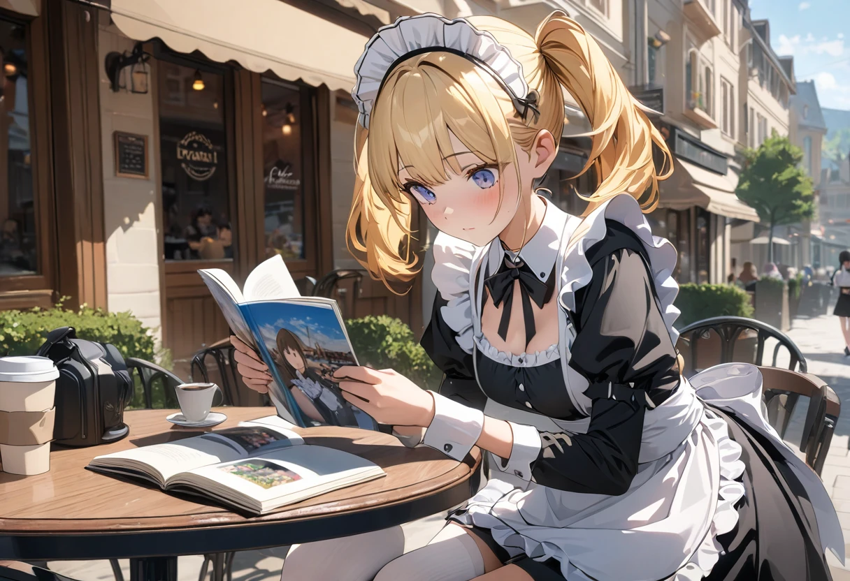 (((Best quality, 8k, Masterpiece: 1.3)), ((best quality)), ((masterpiece)), (detailed), perfect face, A maid girl with blonde hair, short twintails, A maid costume with frills, high resolution, Textured skin, anime style, Reading a Photo album on the open terrace of a cafe, a coffee cup is placed on a white round table, reading a Photo album, Legs crossed, Knee-high socks