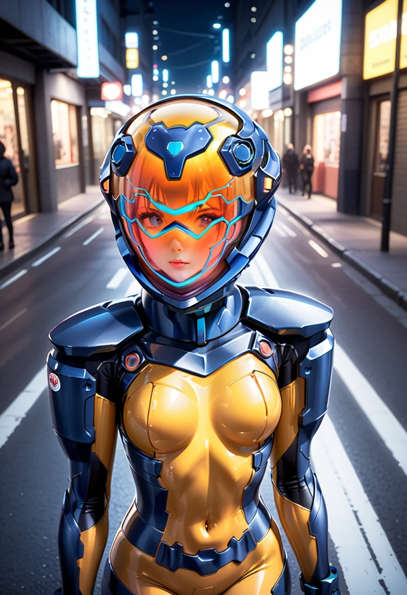 short hair, street, emo, BLACK hair, white eyes, eyeliner, apocalypse, (astronaut, girl, road, city, fortified suit, ((blue:1.5) plugsuit), short hair, outdoors, cinematic light, medium breasts, covered navel, space helmet, muvluv, space helm, eva helmet,[legs bent,, upper body,from the front