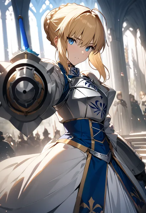 (masterpiece:1.2), (highest quality:1.2), perfect eyes, perfect face, perfect lighting,1girl，saber, holding sword artoria pendra...