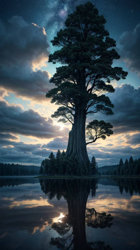 Un árbol imponente, Hay un árbol grande en la isla del lago., Los troncos y las ramas de los árboles perforan el cielo., Árbol del mundo, Espacio misterioso, niebla, luz flotante, efectos de iluminación suaves, brillante, ((Lente gran angular, tiro de ángulo bajo:1.4)), (mejor calidad:1.2, Muy detallado, Ilustración detallada, Atención a los detalles, obra maestra:1.2, Mejor estetica),