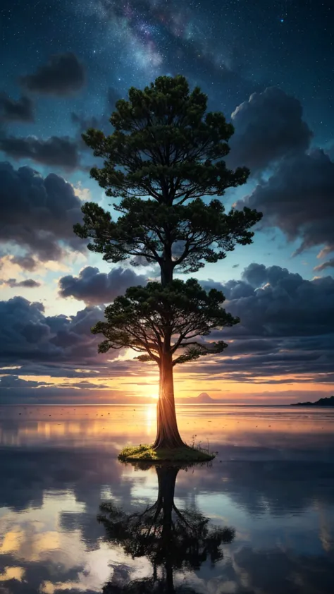 A towering tree, There is a big tree on the island in the lake, Tree trunks and branches pierce the sky, world Tree, Mysterious ...