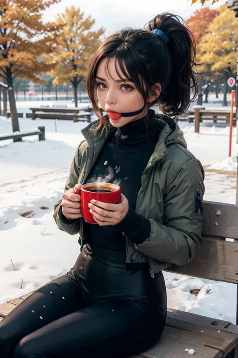 brown hair, ponytail, brown eyes, wearing a blue parka, black turtleneck, leggings, looking at viewer, blush, plainredballgag,ba...