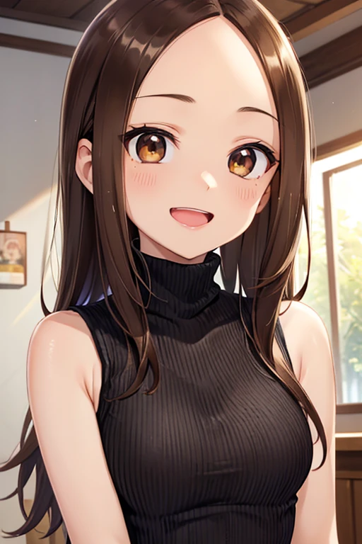 Takagi-san、Shiny brown hair, Straight Long Hair,((Medium chest、Forehead、Center part))、 Beautiful brown eyes、smile、Sparkling eyes, (fine grain)、Very fine eye、Highly detailed face, Highly detailed eyes, Cowboy Shot、


16K、masterpiece、High resolution、30-year-old woman、Large Breasts、((Sleeveless turtleneck sweater))、Laughing with your mouth open、Very close、Cafe