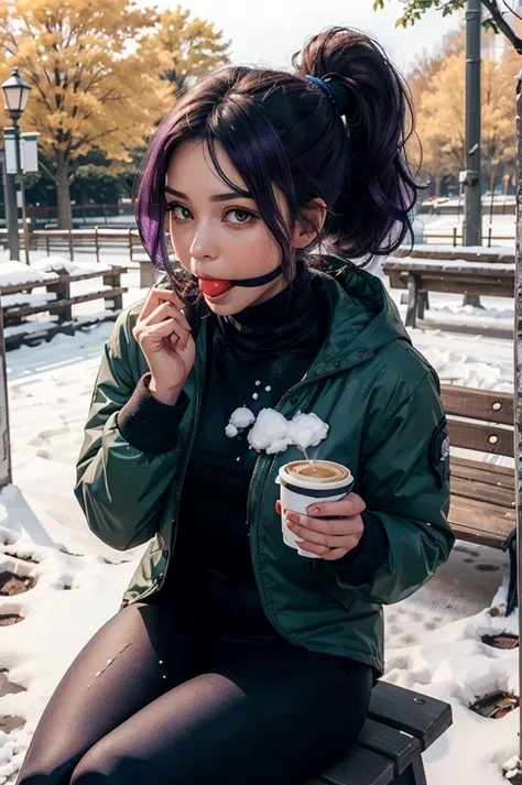 purple hair, ponytail, brown eyes, wearing a blue parka, black turtleneck, leggings, looking at viewer, blush, plainredballgag,b...