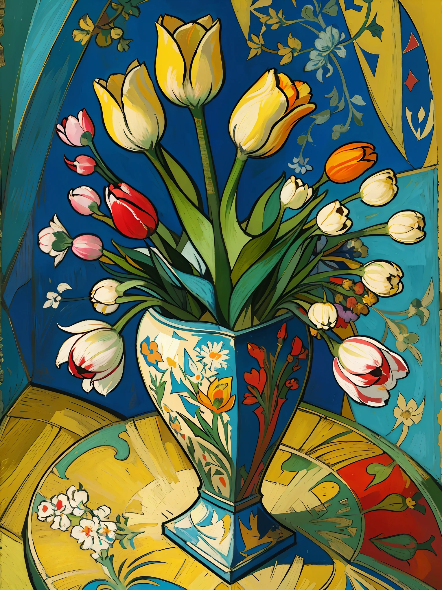 Tulip Painting, Inspired by Picasso, Influenced by Van Gogh, Tulip flower bed, Full body image, Very colorful, Bright color palette, Oil, An illustration, unique configuration.