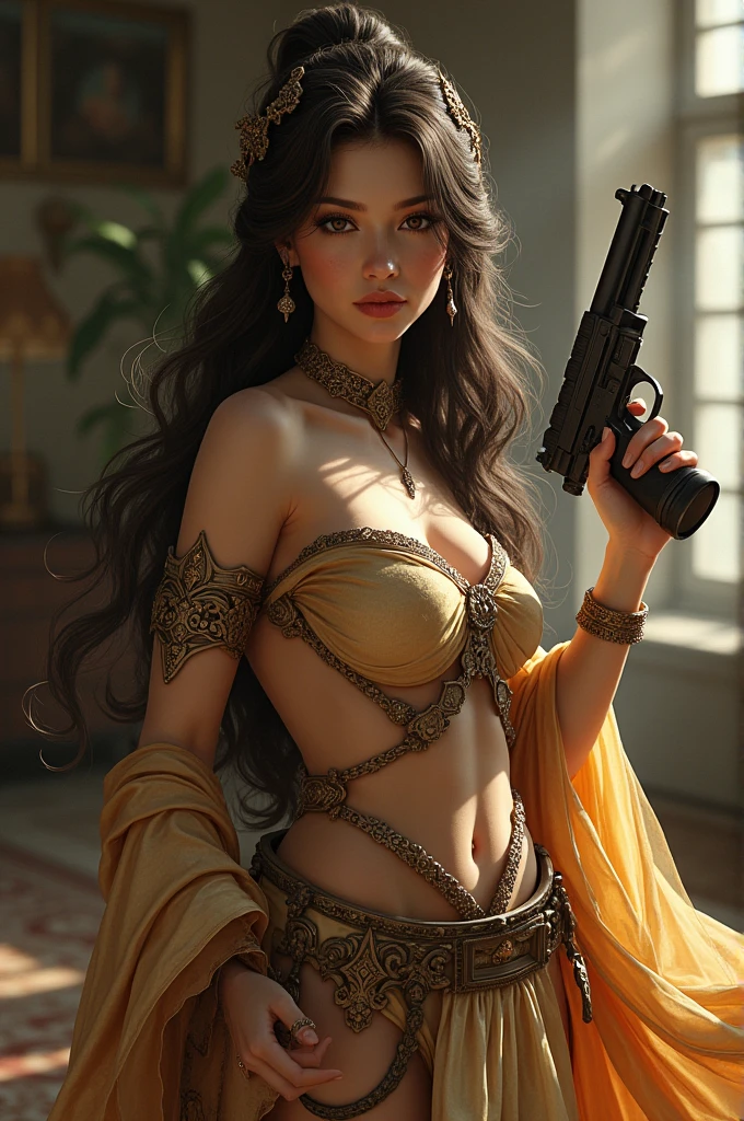 uhd, high details, best quality, goddess, gun