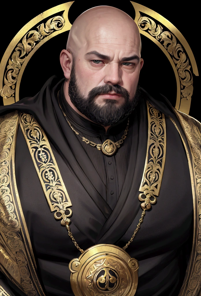 Janos is a stout man, with a jowly face and a bald head. He has big protruding eyes, wide double eyelids, a big mouth, a short chin, and is built like a keg. He wears ornate gold-and-black plate, with a high-crested helm. He is 40 years