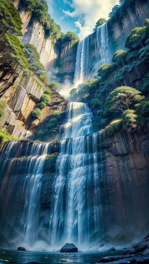 a ((low angle shot: 1.5)), from beneath an epic waterfall, there is a majestic waterfall flowing from a majestic cliff., ((stand...