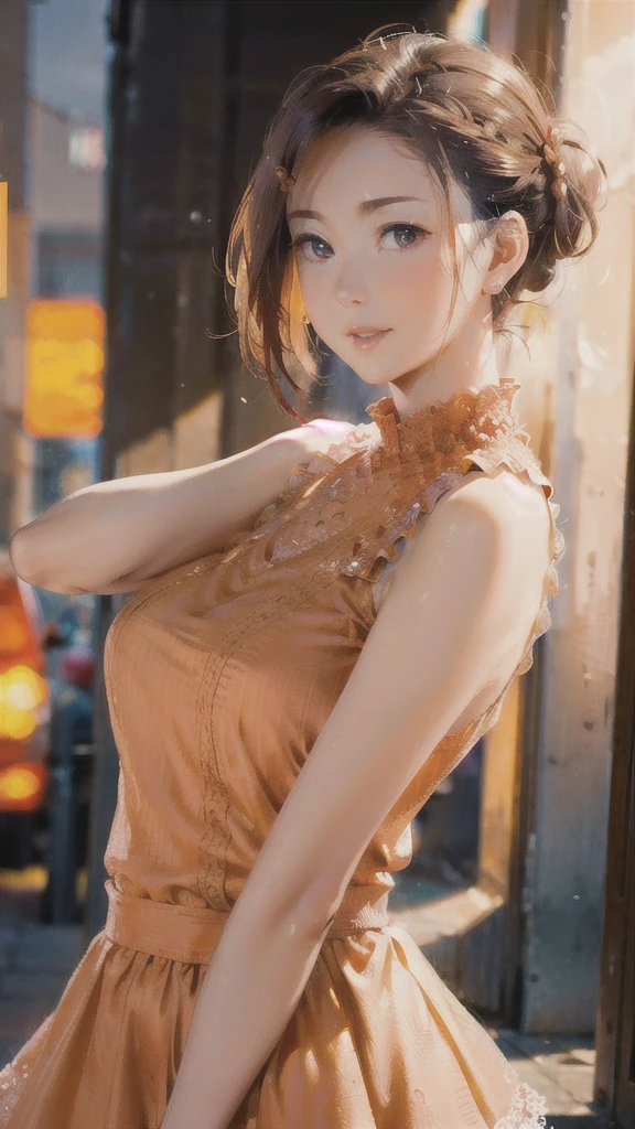 a woman posing on the street corner with orange dress on, best quality, 1girl, huge breasts, day, bright, blur background, bokeh, outdoor, (street:0.8), (people, crowds:1), (lace-trimmed dress:1.5, orange sleeveless dress, orange clothes:1.5, orange high-neck dress:1.5, orange dress: 1.5), gorgeous, (hair up:1.5), beautiful detailed sky, beautiful earrings, (dynamic pose:1), (upper body:0.8), soft lighting, wind, shiny skin, 