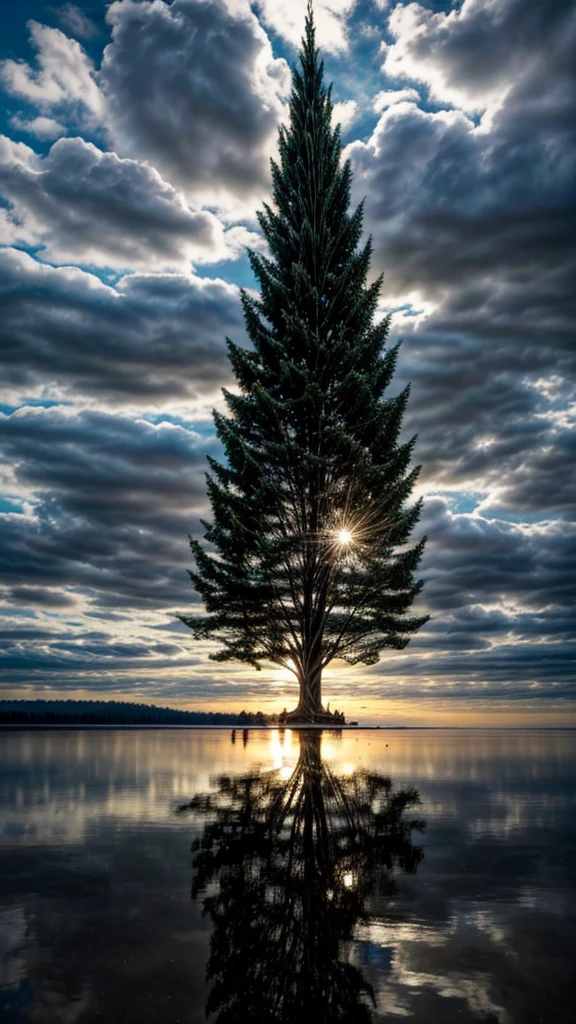 Un árbol imponente, Hay un árbol grande en la isla del lago., Los troncos y las ramas de los árboles perforan el cielo., Árbol del mundo, Espacio misterioso, niebla, luz flotante, efectos de iluminación suaves, brillante, ((Lente gran angular, tiro de ángulo bajo:1.4)), (mejor calidad:1.2, Muy detallado, Ilustración detallada, Atención a los detalles, obra maestra:1.2, Mejor estetica),