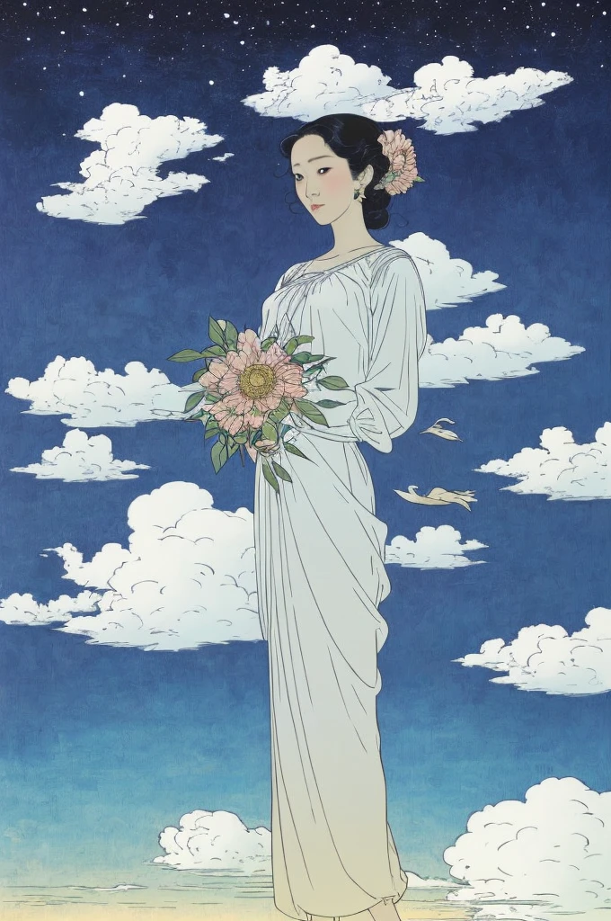 a painting of a woman holding a flower in her right hand and a sky in the background by Victo Ngai, znchn style, middle quality ,