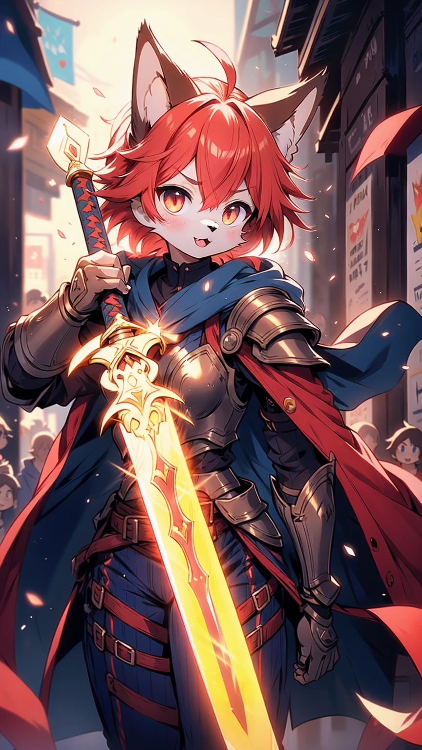 Cat Boy，short hair，braid，Tomboy，cute，Passion，Full of vitality，Energetic，Lively，shota，femboy，Red hair，Cat ears，Red Hair，Red Hair，Body hair，furry，furry，Red fur all over，hairy，sword，持sword，佩sword，拿着sword，cloak，cloak，Heroic Style，armor，奇幻armor