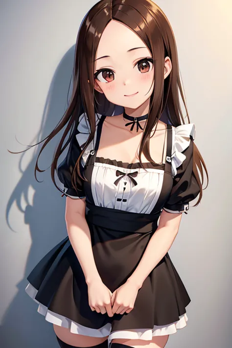 takagi-san、shiny brown hair, straight long hair,((medium chest、forehead、center part))、 beautiful brown eyes、smile、sparkling eyes...