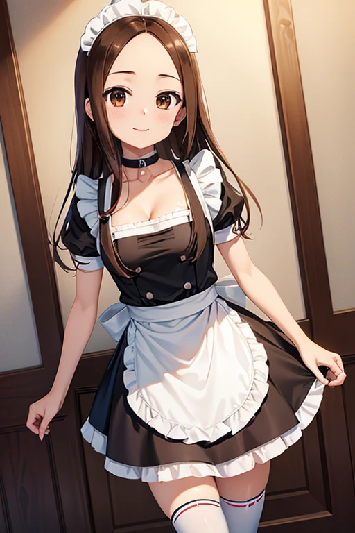 Takagi-san、Shiny brown hair, Straight Long Hair,((Medium chest、Forehead、Center part))、 Beautiful brown eyes、smile、Sparkling eyes, (fine grain)、Very fine eye、Very detailed顔, Very detailed目, Cowboy Shot、


One girl, alone,  Very detailed, Highest quality, masterpiece, figure, Game CG, (maid), Short puff sleeves, small maid apron, Thigh-high socks, clavicle, Cleavage