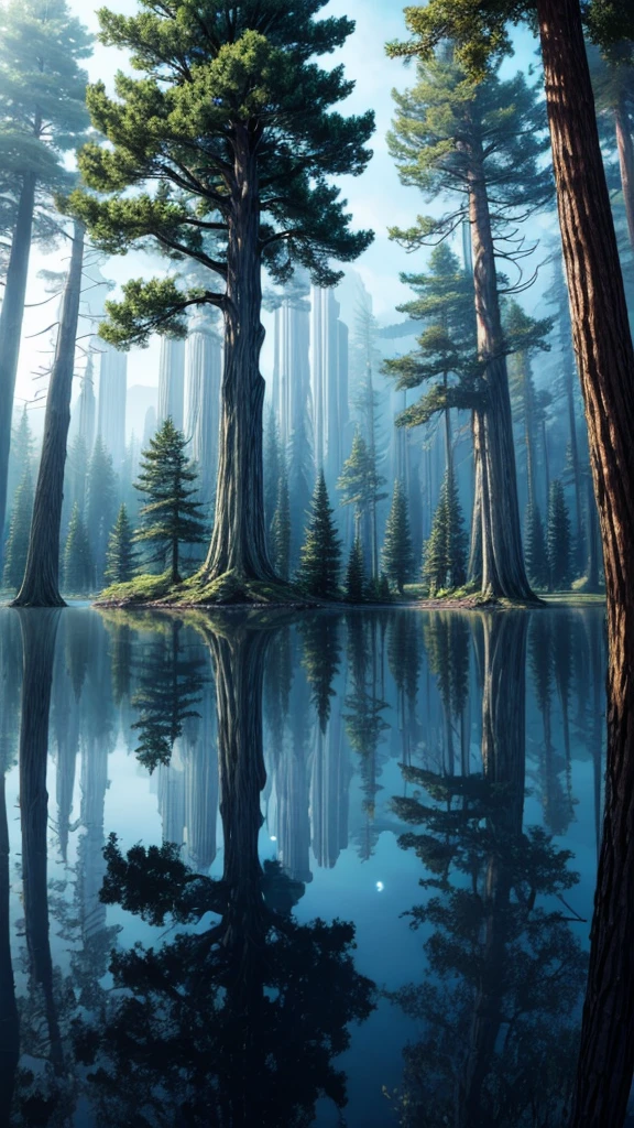 A towering tree, There is a big tree on the island in the lake, Tree trunks and branches pierce the sky, world Tree, Mysterious space, FOG, Floating Light, Soft lighting effects, bright, ((Wide-angle lens, Low angle shot:1.4)), (best quality:1.2, Very detailed, Detailed illustration, Attention to detail, masterpiece:1.2, Best aesthetics),