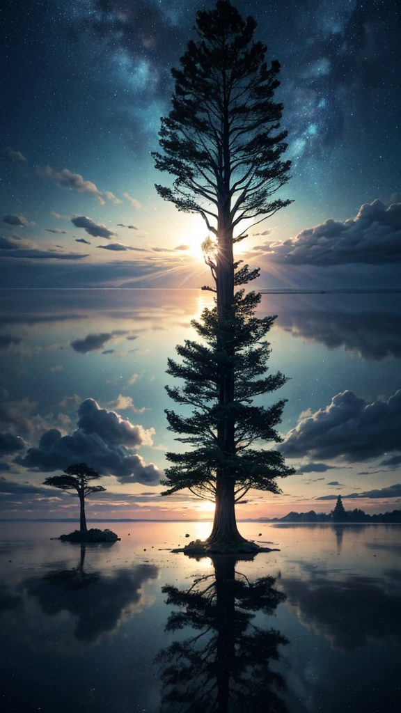 A towering tree, There is a big tree on the island in the lake, Tree trunks and branches pierce the sky, world Tree, Mysterious space, FOG, Floating Light, Soft lighting effects, bright, ((Wide-angle lens, Low angle shot:1.4)), (best quality:1.2, Very detailed, Detailed illustration, Attention to detail, masterpiece:1.2, Best aesthetics),