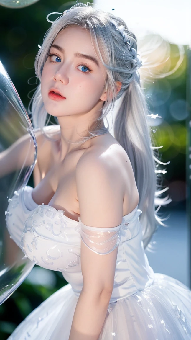 Georgeous, Beautiful, Cute, Baby Face, 18 Years Old, White Skin, Cleavage, ((Large Colossal Breast:1.3)), Sleeveless, Off Shoulder, Strapless, ((Transparent:1.3)), ((White Long Lolita Dress)), (Embroidery), Posing, ((Silver Hair)), ((Bright Blue Eye)), ((Muscles:1.3)), ((Bokeh:1.3)), Animal Farmer Background, Masterpiece, Twintails