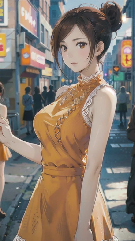 a woman posing on the street corner with orange dress on, best quality, 1girl, huge breasts, day, bright, blur background, bokeh, outdoor, (street:0.8), (people, crowds:1), (lace-trimmed dress:1.5, orange sleeveless dress, orange clothes:1.5, orange high-neck dress:1.5, orange dress: 1.5), gorgeous, (hair up:1.5), beautiful detailed sky, beautiful earrings, (dynamic pose:1), (upper body:0.8), soft lighting, wind, shiny skin, 