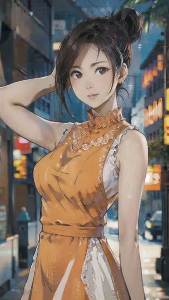 a woman posing on the street corner with orange dress on, best quality, 1girl, huge breasts, day, bright, blur background, bokeh, outdoor, (street:0.8), (people, crowds:1), (lace-trimmed dress:1.5, orange sleeveless dress, orange clothes:1.5, orange high-neck dress:1.5, orange dress: 1.5), gorgeous, (hair up:1.5), beautiful detailed sky, beautiful earrings, (dynamic pose:1), (upper body:0.8), soft lighting, wind, shiny skin, 