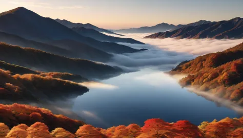 japanese countryside scenery, valley, autumn, sunny, sea of clouds,morning, (highest quality,4k,8k,high resolution,masterpiece:1...