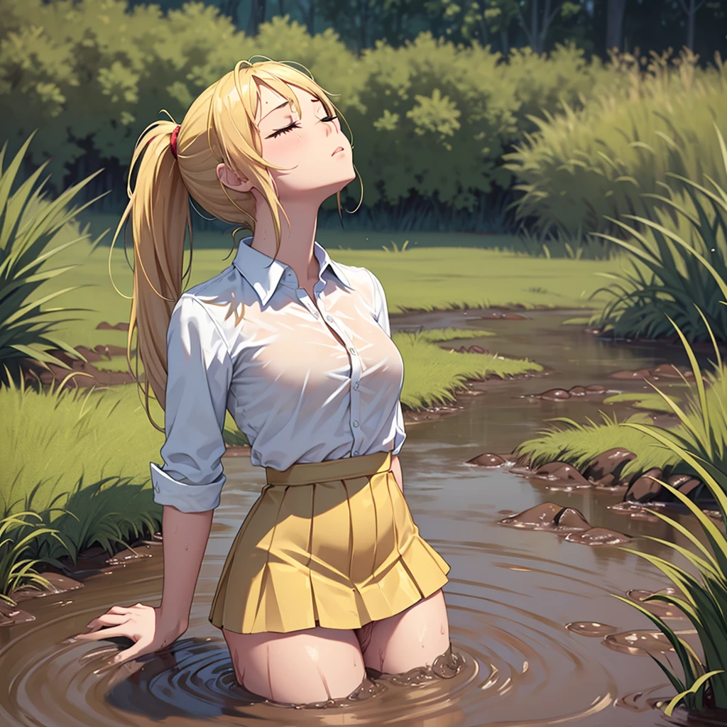 Solo girl, sweet blonde girl, 1 girl, muddy, dirty, ponytail hair, drowning in quicksand, mud, swamp, bog, grass, trees, white blouse, red miniskirt, (orgasm:1.5), (looking up:1.3), (eyes closed:1.4), from the torso up, (from side:1.4)