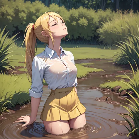 solo girl, sweet blonde girl, 1 girl, muddy, dirty, ponytail hair, drowning in quicksand, mud, swamp, bog, grass, trees, white b...