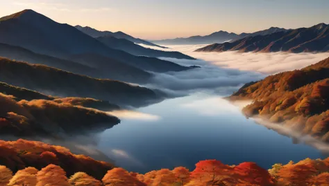 japanese countryside scenery, valley, autumn, sunny, sea of clouds,morning, (highest quality,4k,8k,high resolution,masterpiece:1...