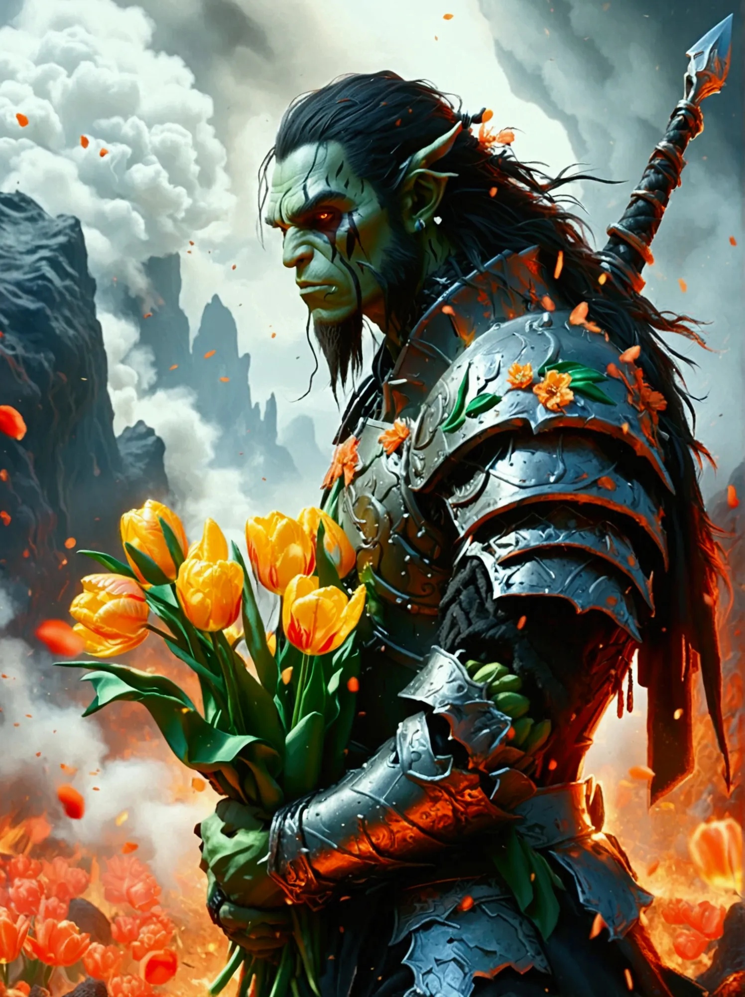 this is a scene from a fantasy world.，depicts an orc warrior。he is muscular，green skin，wearing heavy armor。((he holds a beautifu...