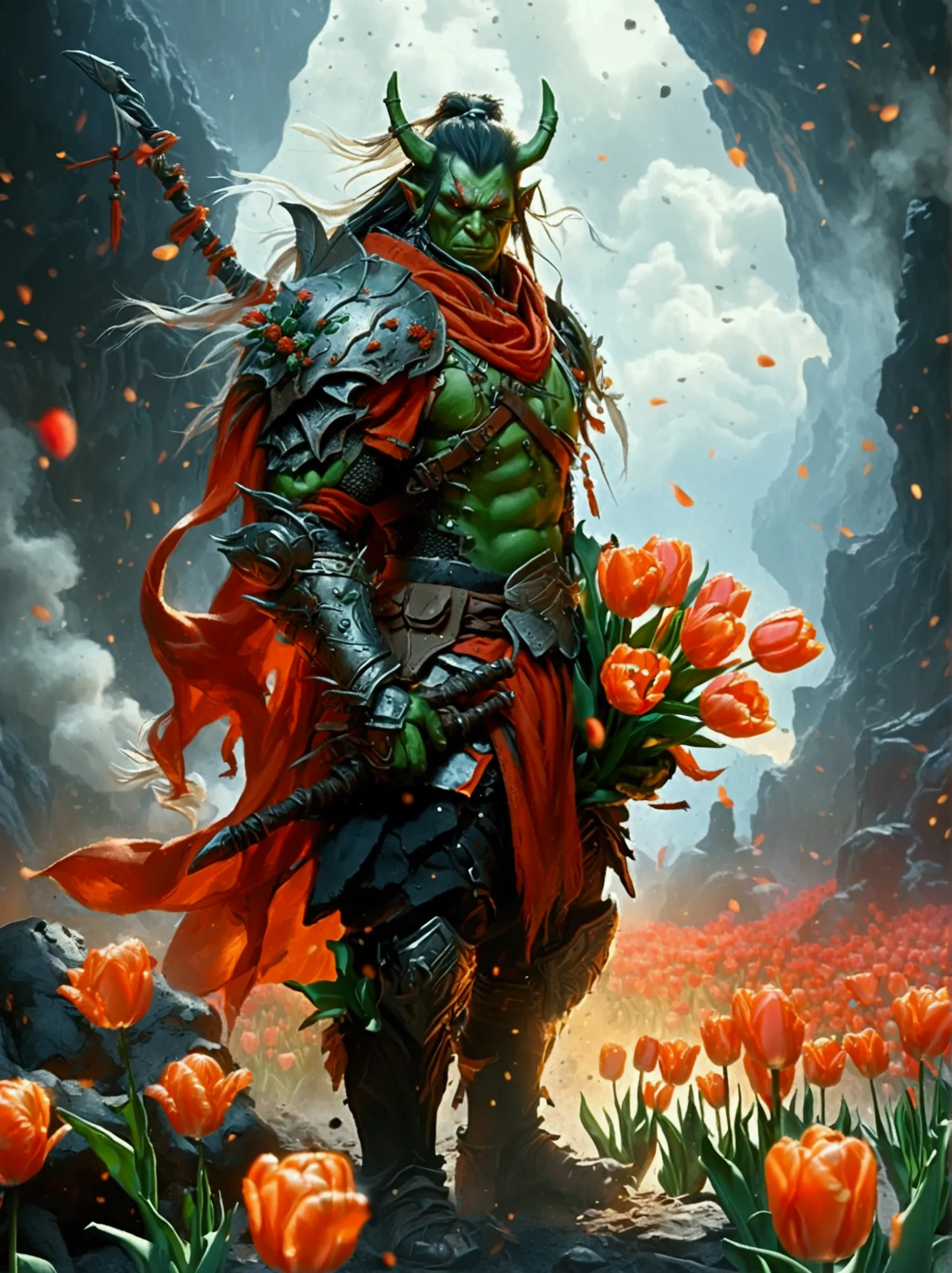 this is a scene from a fantasy world.，depicts an orc warrior。he is muscular，green skin，wearing heavy armor。((he holds a beautifu...