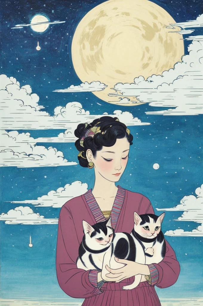 a painting of a woman holding a kitten in her right hand and a sky in the background by Victo Ngai, znchn style, middle quality ,