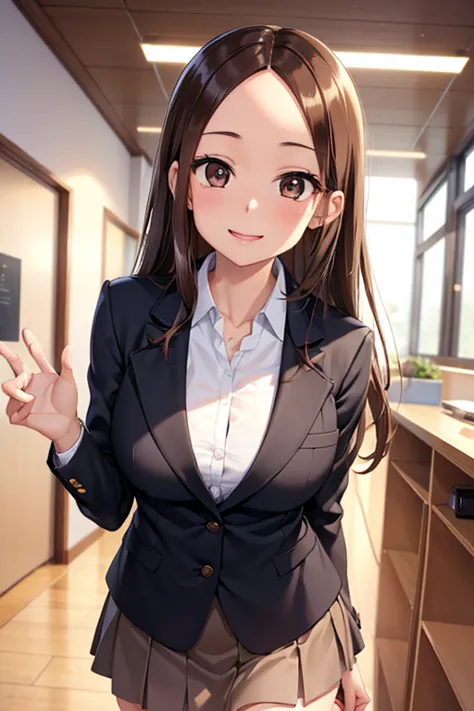 takagi-san、shiny brown hair, straight long hair,((medium chest、forehead、center part))、 美しいbrown eyes、smile、sparkling eyes, (fine...