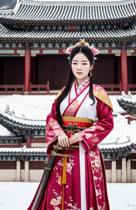 arav woman in traditional korean dress holding a sword standing in front of a building, palace ， a girl in hanfu, white hanfu, h...