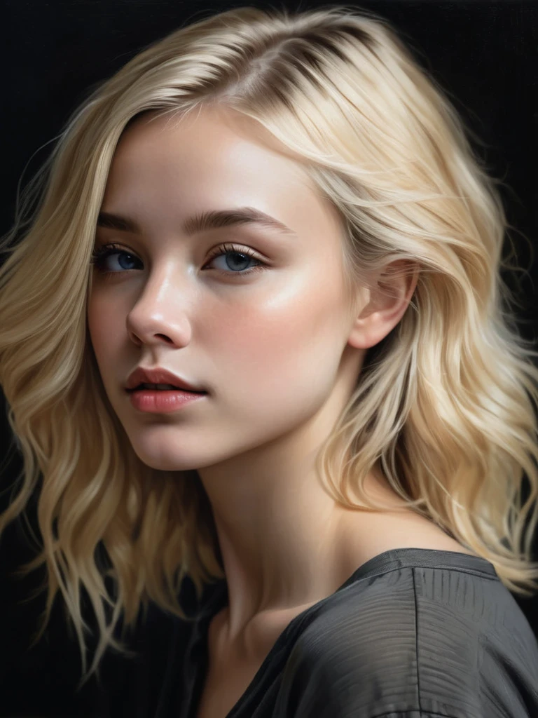 a young woman, blonde, dark theme, soothing tones, muted colors, high contrast, (natural skin texture, hyperrealism, soft light, sharp)
