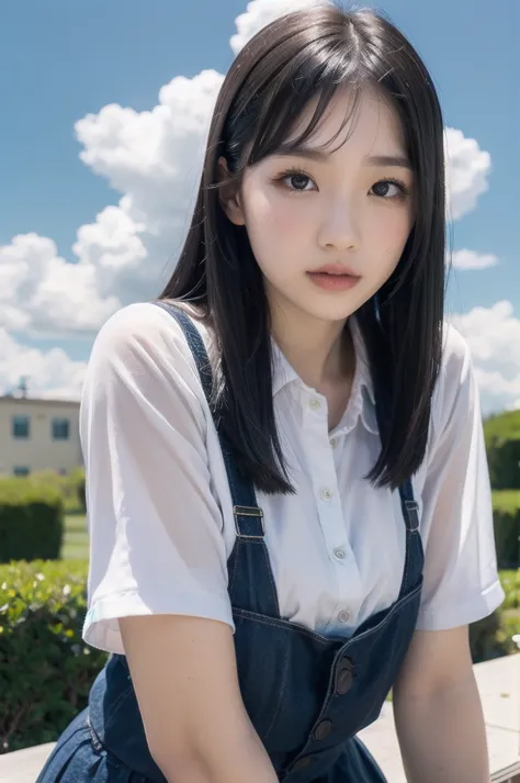 (upper body:1.5), girl standing in schoolyard, cumulonimbus clouds floating in the summer sky, (summer uniform:1.1), (10 years o...