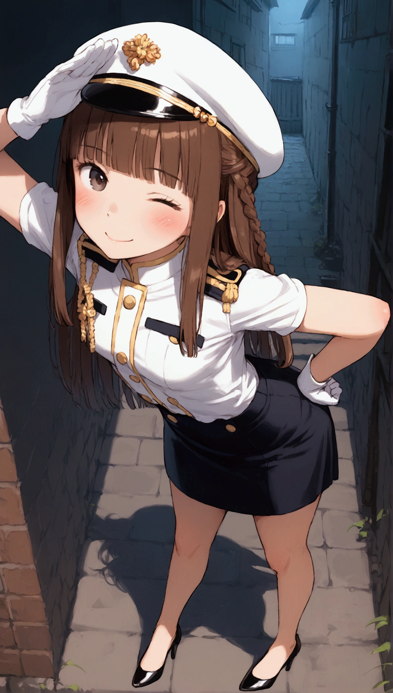 {Highest quality}, {Super beautiful},{Ultra fine},{Best illustration},Brown Hair,Hime cut,long hair,Braid,One woman,Standing Woman,Strike a pose,smile,smilingly,Smile,Wink,Uniform cap,White Shirt,Short sleeve,Long black skirt,White gloves,In the back alley,Blushing,Slender,Black stiletto heels,barefoot,From the side,From above,Leaning forward,Put one hand on your hip
