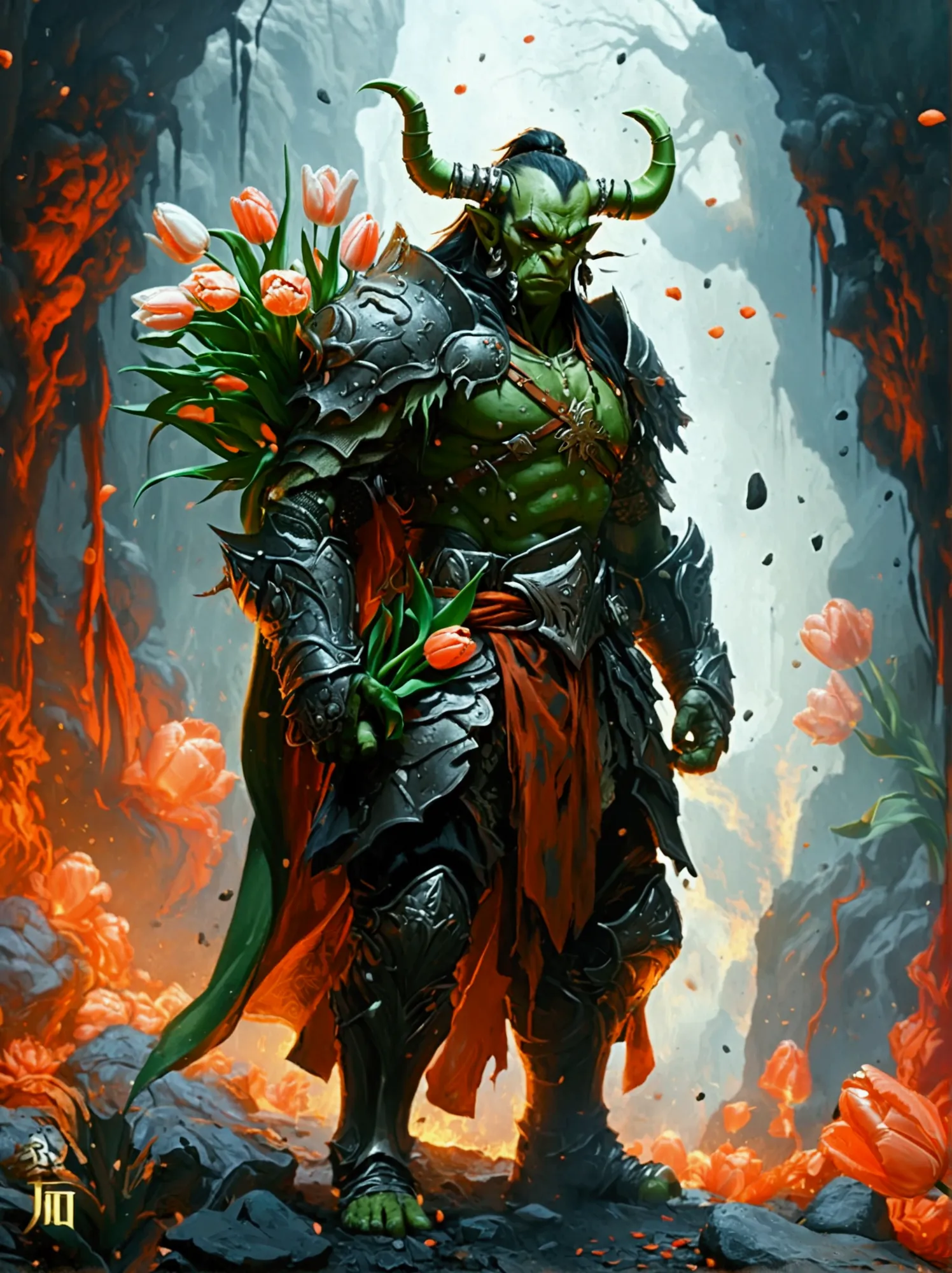 this is a scene from a fantasy world.，depicts an orc warrior。he is muscular，green skin，wearing heavy armor。((he holds a beautifu...