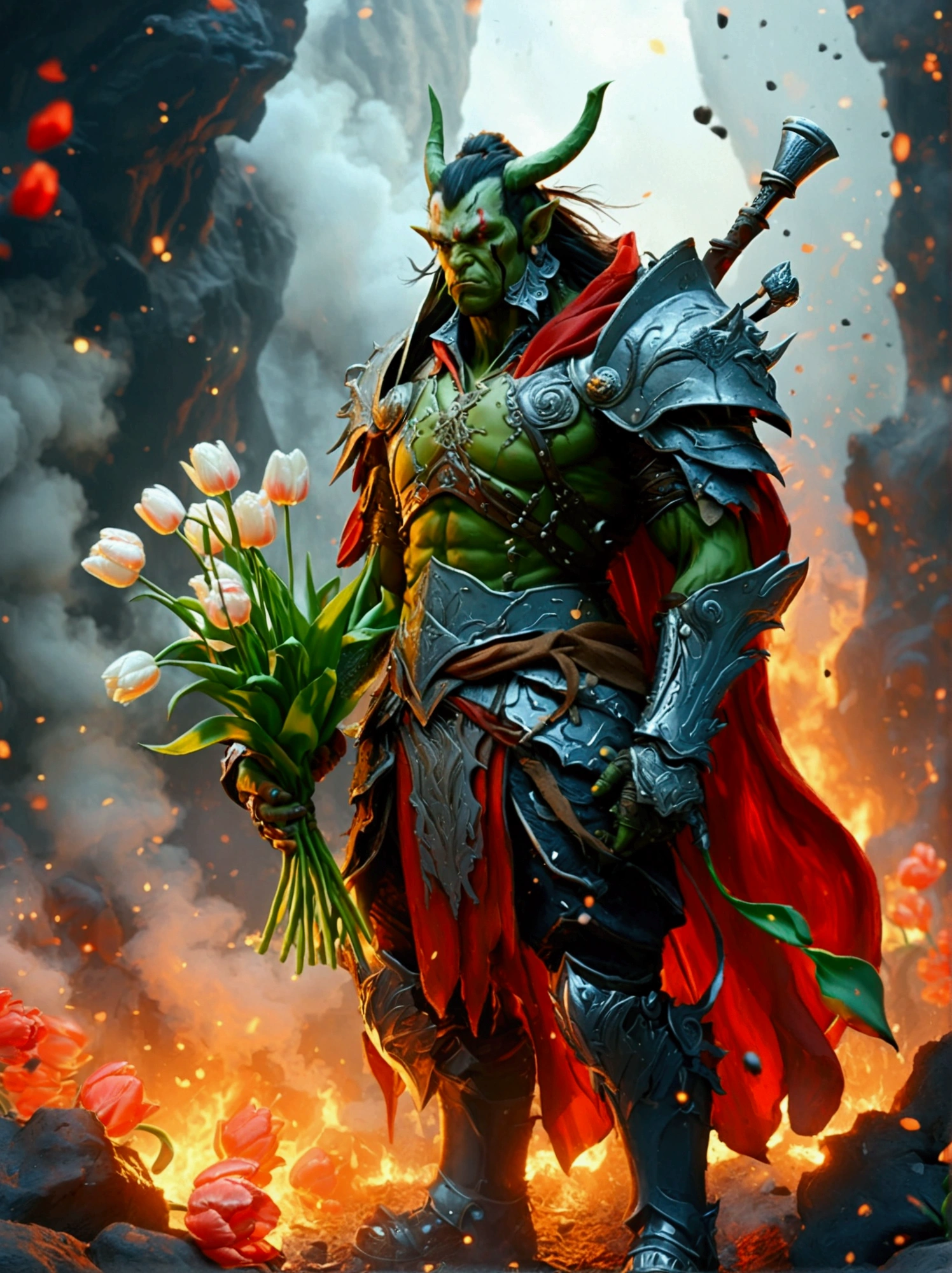 This is a scene from a fantasy world.，Depicts an orc warrior。He is muscular，green skin，Wearing heavy armor。((He holds a beautiful bouquet of tulips in his hands))，((Beautiful tulips))。He stood proudly in front of a turbulent volcanic backdrop，Surrounded by smoky plumes and hot lava particles。This picture should be designed in anime style，Includes vivid color contrasts and intricate details，This style was inspired by early Japanese animation。The name &quot;Soggo&quot; should be in an artistic anime-style font，Show it boldly