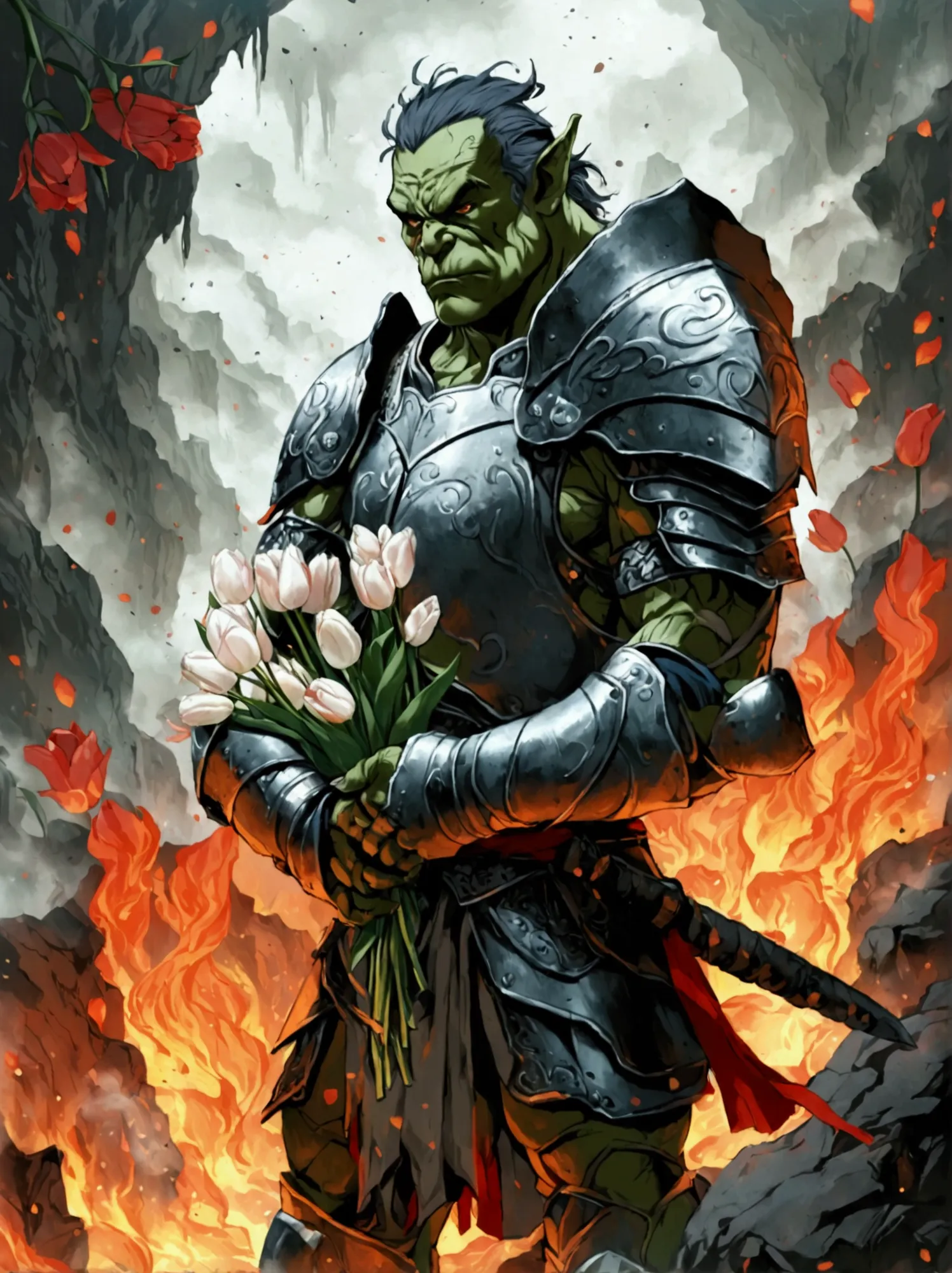 this is a scene from a fantasy world.，depicts an orc warrior。he is muscular，green skin，wearing heavy armor。((he holds a beautifu...